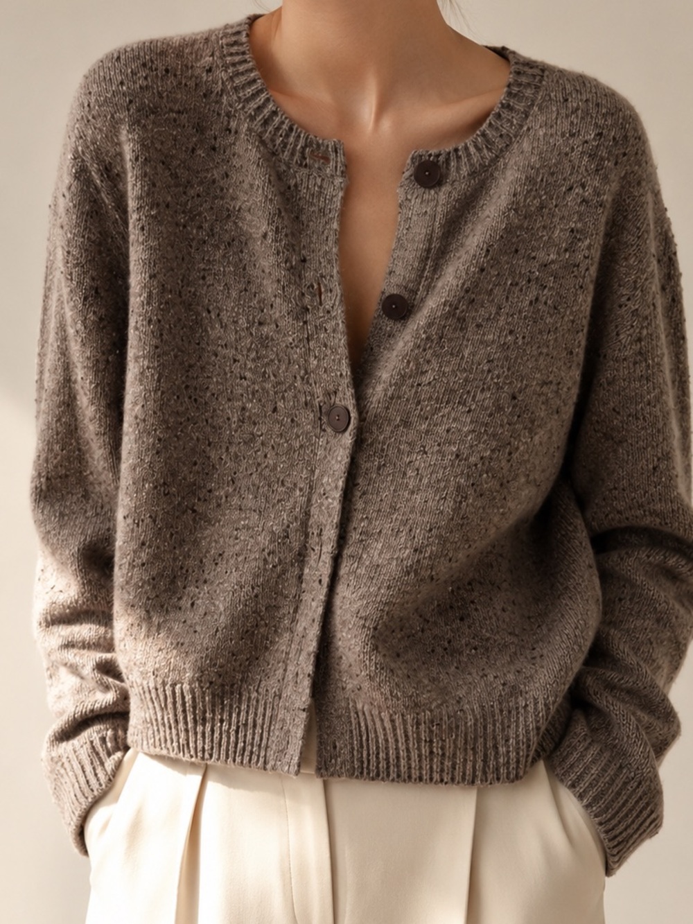The Row Speckled Taupe Button-Front Knit Cardigan